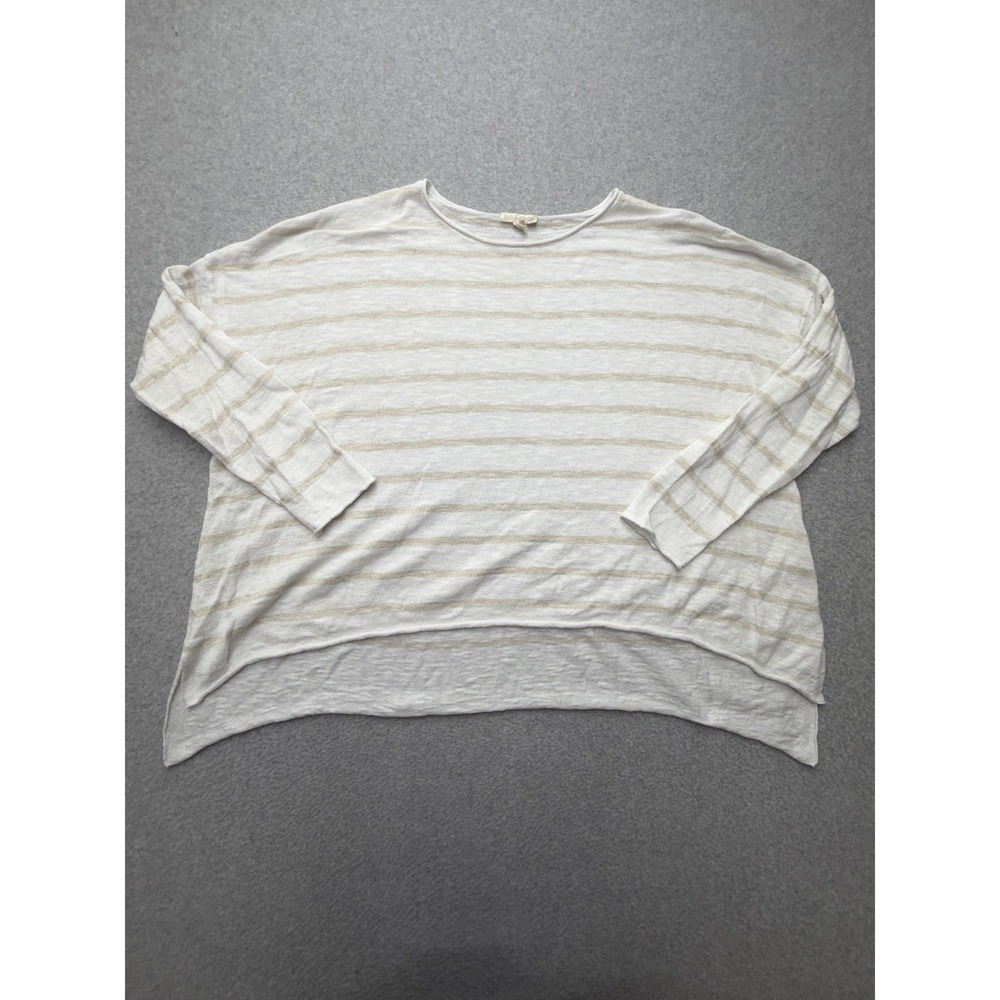 Eileen Fisher Sweater Womens Large White Linen Cotton Stripe‎ Boatneck Knit